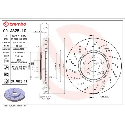 Billede af BREMBO COATED DISC LINE 09.A828.11 Bremseskiver 330 32 5 perforeret/indv. ventileret coatet højkarboniseret med skruer MERCEDES BENZ: E klasse Sedan
