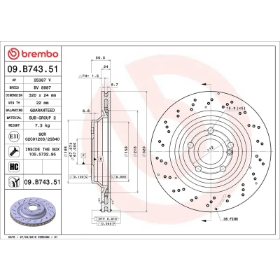 Billede af BREMBO COATED DISC LINE 09.B743.51 Bremseskiver 320 24 5 perforeret/indv. ventileret coatet højkarboniseret med skruer