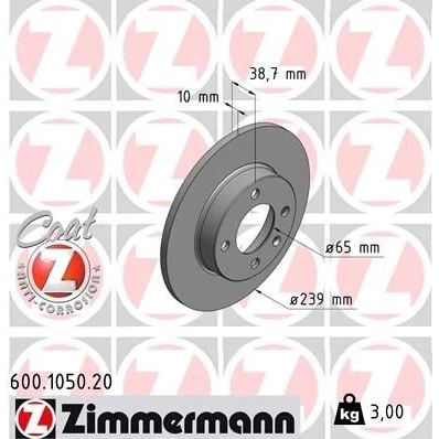 Billede af ZIMMERMANN COAT Z 600.1050.20 Bremseskiver 239 10 5/4 4 100 fuldstændigt coatet VOLKSWAGEN: GOLF 2, Jetta Polo III Variant