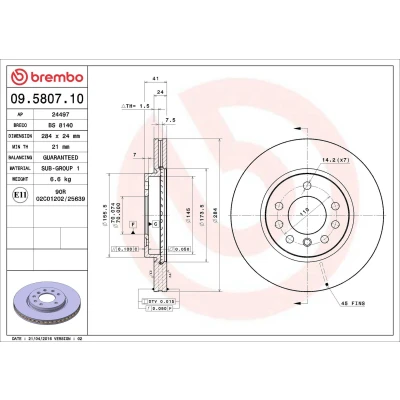 Billede af BREMBO 09.5807.10 Bremseskiver 284 24 5 indvendigt ventileret OPEL: Calibra A, Vectra A Sedan, CC