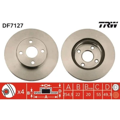 Billede af TRW DF7127 Bremseskiver 255 22 4 100 ventileret lakeret TOYOTA: Corolla IX Hatchback, Station Wagon, Sedan