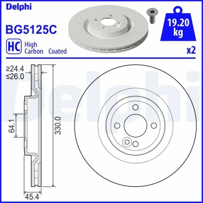 Billede af DELPHI BG5125C Bremseskiver 330 26 4 ventileret coatet højkarboniseret uden hjullejer, ABS sensorring MINI: Hatchback