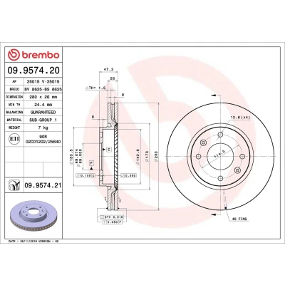 Billede af BREMBO COATED DISC LINE 09.9574.21 Bremseskiver 280 26 4 indvendigt ventileret coatet KIA: Optima / K5, HYUNDAI: SONATA 4, Elantra III Hatchback