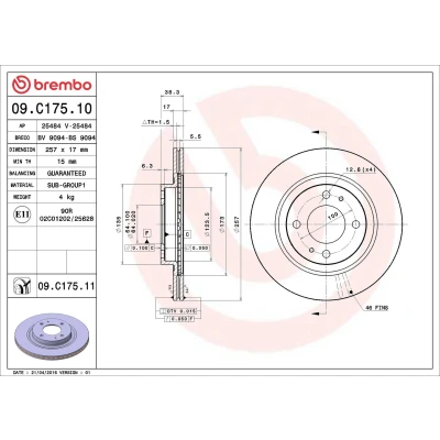 Billede af BREMBO COATED DISC LINE 09.C175.11 Bremseskiver 257 17 4 indvendigt ventileret coatet CITROËN: C Zero Hatchback, MITSUBISHI: i