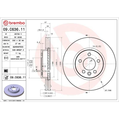 Billede af BREMBO 09.C636.11 Bremseskiver 332 30 5 indvendigt ventileret coatet højkarboniseret
