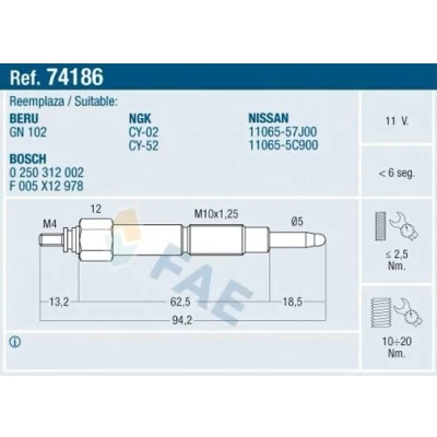 Billede af FAE 74186 Gløderør 11V M 10x1.25