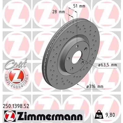 Billede af ZIMMERMANN 250.1398.52 Bremseskiver 316 28 5/5 5 108 indvendigt ventileret, hullet coatet FORD: S Max Mk2, Galaxy Mk3 MPV