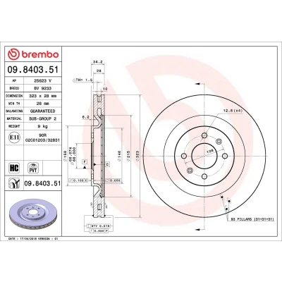 Billede af BREMBO COATED DISC LINE 09.8403.51 Bremseskiver 323 28 4 indvendigt ventileret coatet højkarboniseret PEUGEOT: 208 I Hatchback, CITROËN: DS3 Hatchback
