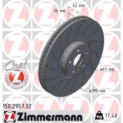 Billede af ZIMMERMANN Bremseskive BMW: 5 Touring, Sedan 395mm 36mm 6/5 hul 112mm indvendigt ventileret, Sænket coatet højkarboniseret 150.2957.32 34106887657