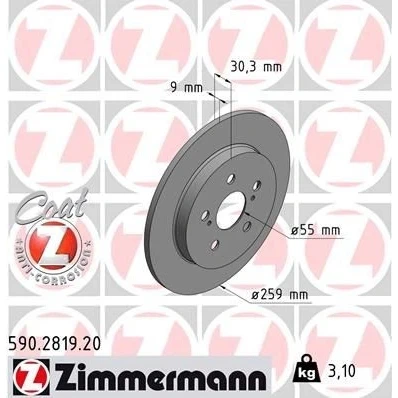 Billede af ZIMMERMANN COAT Z 590.2819.20 Bremseskiver 259 9 7/5 5 100 fuldstændigt coatet TOYOTA: Corolla XII Stationcar, Prius PHV Hatchback, Plus