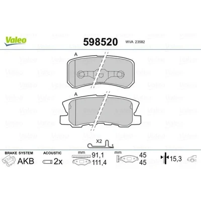 Billede af VALEO 598520 Bremseklodser bagaksel Inkl. slidadvarselskontakt uden anti knirke plade MITSUBISHI: ASX SUV, Lancer 8 Limousine, Grandis, DODGE: Caliber