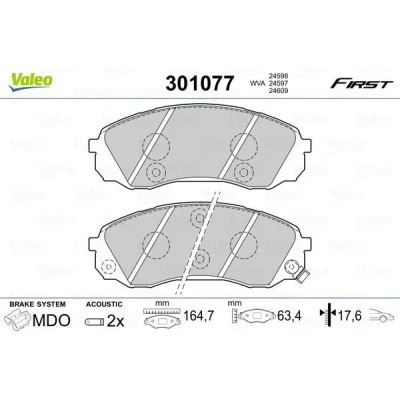 Billede af VALEO 301077 Bremseklodser FIRST foraksel Inkl. slidadvarselskontakt uden anti knirke plade KIA: CARNIVAL / GRAND 3, HYUNDAI: H 1 Cargo