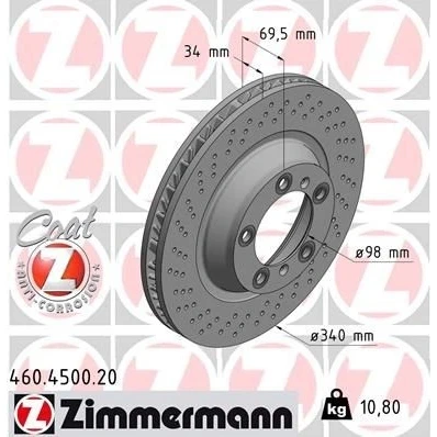 Billede af ZIMMERMANN COAT Z 460.4501.20 Bremseskiver 340 34 7/5 5 130 indvendigt ventileret, hullet coatet PORSCHE: 911 Cabriolet, Coupe
