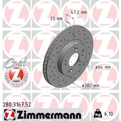 Billede af ZIMMERMANN SPORT COAT Z 280.3167.52 Bremseskiver 282 23 9/5 5 114 indvendigt ventileret, hullet coatet HONDA: CR V 2, CIVIC 7 Hatchback, Stream I
