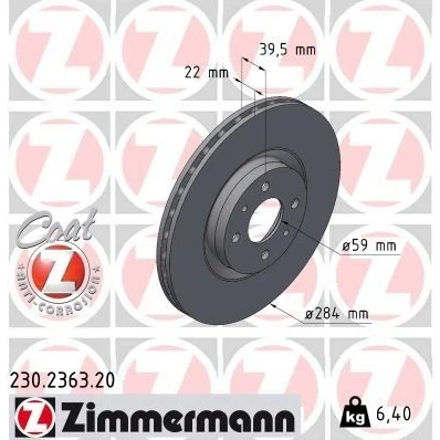 Billede af ZIMMERMANN COAT Z 230.2363.20 Bremseskiver 284 22 6/4 4 98 indvendigt ventileret coatet FIAT: Punto II Hatchback, Coupe