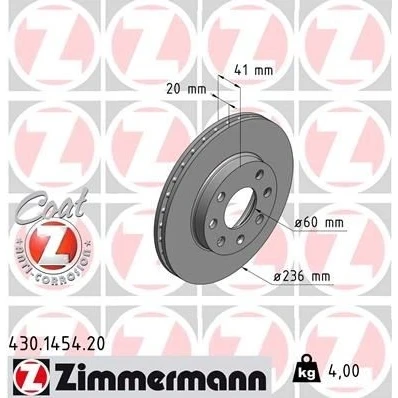 Billede af ZIMMERMANN COAT Z 430.1454.20 Bremseskiver 236 20 7/4 4 100 indvendigt ventileret coatet OPEL: Vectra A Sedan, Kadett E CC, CC