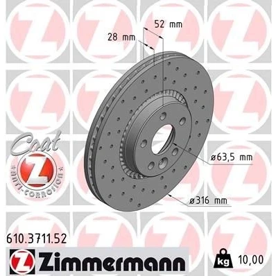 Billede af ZIMMERMANN SPORT COAT Z 610.3711.52 Bremseskiver 316 28 6/5 5 108 udvendig ventileret, hullet coatet VOLVO: V70 3, V60 I, S80 II, FORD: S Max Mk1