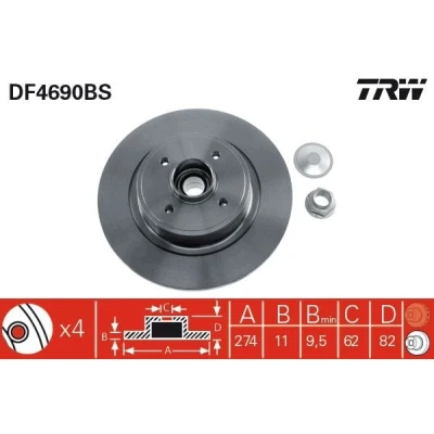 Billede af TRW DF4690BS Bremseskiver 274 11 4 100 fuldstændigt med hjulleje, ABS sensorring RENAULT: SCENIC 2, GRAND 2