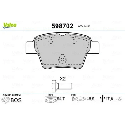 Billede af VALEO 598702 Bremseklodser bagaksel Ekskl. slidadvarselskontakt med sikringsskruesæt, anti knirke plade glideskinner PEUGEOT: 207 Hatchback