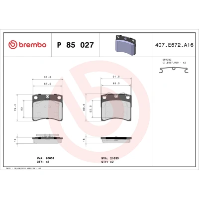 Billede af BREMBO P 85 027 Bremseklodser Ekskl. slidadvarselskontakt med tilbehør VOLKSWAGEN: Transporter 4 Bus,