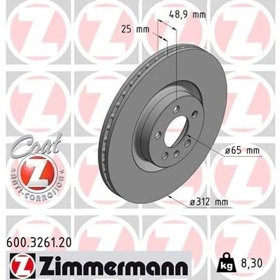 Billede af ZIMMERMANN 600.3261.20 Bremseskiver 312 25 6/5 5 100 indvendigt ventileret coatet højkarboniseret VOLKSWAGEN: Polo VI