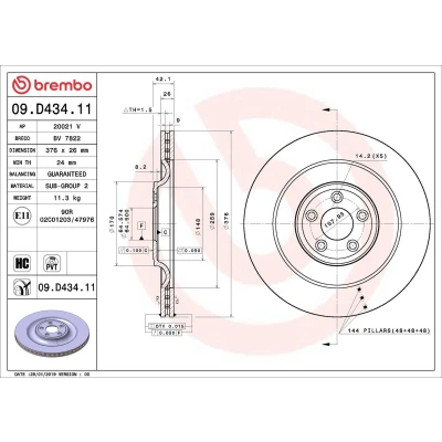 Billede af BREMBO 09.D434.11 Bremseskiver 376 26 5 indvendigt ventileret coatet højkarboniseret JAGUAR: XF Sedan, Sportbrake