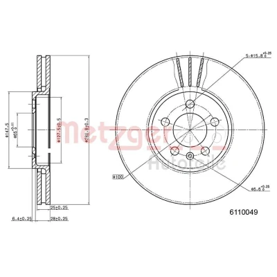 Billede af METZGER 6110049 Bremseskiver foraksel 287,8 25 5 100 indvendigt ventileret lakeret, Krydsslebet med skruer VOLKSWAGEN: Polo V Hatchback, Golf 4