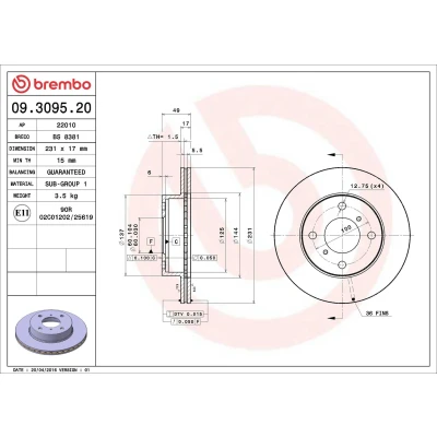 Billede af BREMBO 09.3095.20 Bremseskiver 231 17 4 indvendigt ventileret SUZUKI: Alto VI, Wagon R+ I Hatchback
