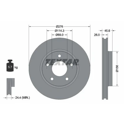 Billede af TEXTAR PRO 92197403 Bremseskiver 276 26 05/05 114,3 indvendigt ventileret coatet uden hjulbolte, hjulnav MITSUBISHI: Lancer 8 Limousine,