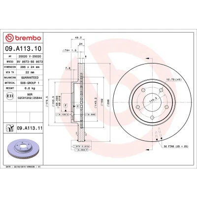 Billede af BREMBO COATED DISC LINE 09.A113.11 Bremseskiver 296 24 5 indvendigt ventileret coatet