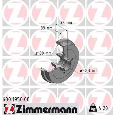 Billede af ZIMMERMANN 600.1950.00 Bremsetromler 211 VOLKSWAGEN: GOLF 2, 1 Cabriolet,