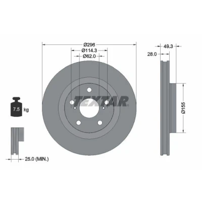 Billede af TEXTAR PRO 92168803 Bremseskiver 296 28 05/07 114,3 indvendigt ventileret coatet uden hjulbolte, hjulnav TOYOTA: Verso, RAV4 IV SUV