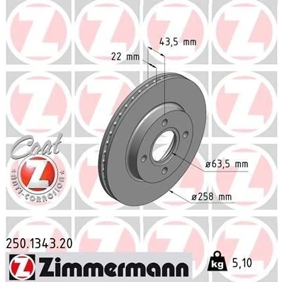 Billede af ZIMMERMANN COAT Z 250.1343.20 Bremseskiver 258 22 4/4 4 108 indvendigt ventileret coatet FORD: FIESTA 5, Fusion Stationcar, Focus Mk1 Hatchback