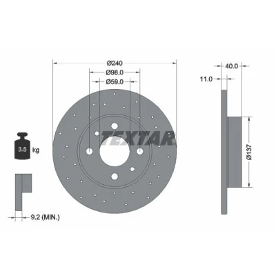 Billede af TEXTAR 92316003 Bremseskiver 240 11 04/06 98 hullet, fuldstændigt coatet uden hjulbolte, hjulnav ABARTH: 500 / 595 695 Hatchback