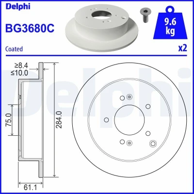 Billede af DELPHI BG3680C Bremseskiver 284 10 5 fuldstændigt coatet ubehandlet uden hjullejer, ABS sensorring HYUNDAI: Tucson, Trajet, KIA: Sportage III