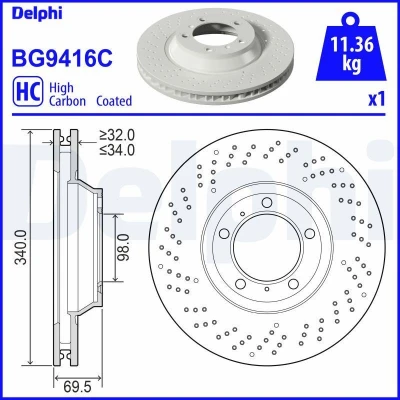 Billede af DELPHI BG9416C Bremseskiver 340 34 5 ventileret, hullet, perforeret/indv. ventileret coatet højkarboniseret uden hjullejer, ABS sensorring