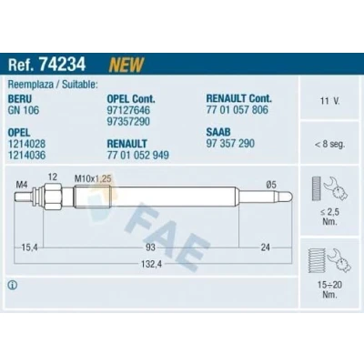 Billede af FAE 74234 Gløderør 11V M 10x1,25 OPEL: Vectra C Sedan, Caravan, CC