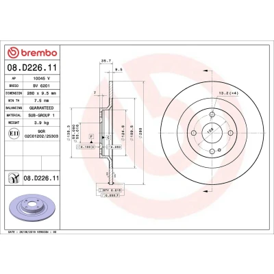 Billede af BREMBO 08.D226.11 Bremseskiver 280 9,5 4 fuldstændigt coatet