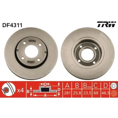 Billede af TRW DF4311 Bremseskiver 281 25,8 4 114,3 ventileret lakeret MITSUBISHI: Colt 6, VI CZC Cabriolet, SMART: Forfour I