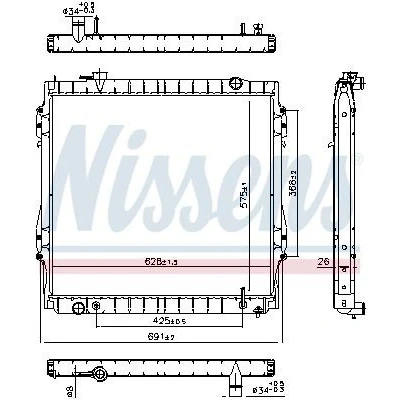 Billede af NISSENS 606946 Radiator Aluminium 575mm 628mm 26mm med oliekøler, uden pakning ekspansionsbeholder, ramme Loddet køleripper