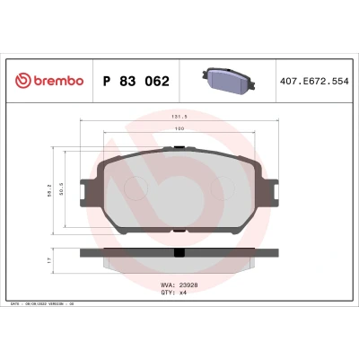 Billede af BREMBO P 83 062 Bremseklodser Ekskl. slidadvarselskontakt uden tilbehør TOYOTA: Camry V Sedan