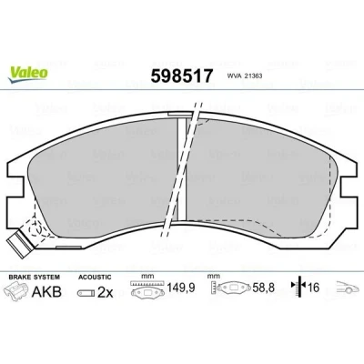 Billede af VALEO 598517 Bremseklodser foraksel Inkl. slidadvarselskontakt uden anti knirke plade MITSUBISHI: Lancer 8 Limousine, Outlander 3, 2 SUV