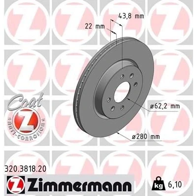 Billede af ZIMMERMANN 320.3818.20 Bremseskiver 280 22 6/4 4 100 indvendigt ventileret coatet KIA: Stonic Hatchback