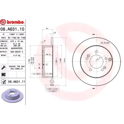 Billede af BREMBO COATED DISC LINE 08.A631.11 Bremseskiver 275 10 5 fuldstændigt coatet højkarboniseret med skruer KIA: CARENS 3, 2