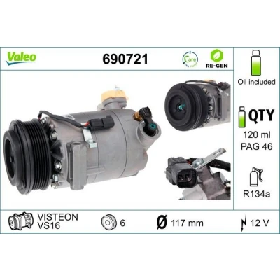 Billede af VALEO 690721 Kompressor VS16 12 PAG 46 R 134a med kompressorolie FORD: FOCUS 3 Turnier, C Max 2,