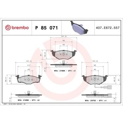 Billede af BREMBO P 85 071 Bremseklodser Inkl. slidadvarselskontakt uden tilbehør SKODA: Fabia 2, 1 Combi, I Hatchback, VOLKSWAGEN: Polo IV Hatchback