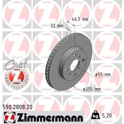 Billede af ZIMMERMANN COAT Z 590.2808.20 Bremseskiver 255 22 6/4 4 100 indvendigt ventileret coatet TOYOTA: Yaris III Hatchback, II Hatchback