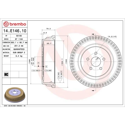 Billede af BREMBO 14.E146.10 Bremsetromler 250,1