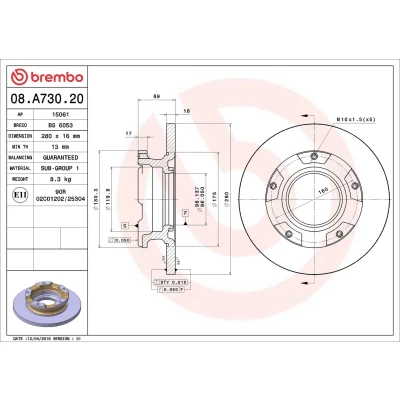 Billede af BREMBO 08.A730.20 Bremseskiver 280 16 5 fuldstændigt med ABS sensorring FORD: Transit Mk6 Van, Bus, Ladvogn/Chassis