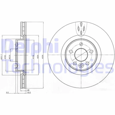 Billede af DELPHI BG9077C Bremseskiver 336 28 5 ventileret coatet højkarboniseret uden hjullejer, ABS sensorring VOLVO: V70 3, V60 I, S80 II
